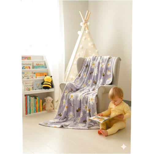 LITTLE CELEBRITY Bumble Bee Daisy Throw Blanket 50x70 Inch - Ultra Soft Plush Fleece, Lavender Purple Floral Queen Size Cozy Bed Sofa Decor, All Seasons Gift for Bee Lovers