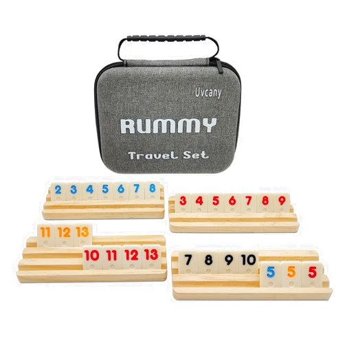 Uvcany Travel Rummy Cube Set with 4 Wooden Racks, 106 Rummy Cube Game Tiles with Portable Case for Family Classic Board Games - Travel Edition