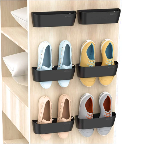 Yocice Wall Mounted Shoes Rack 6Pack with Sticky Hanging Strips, Plastic Shoes Holder Storage Organizer,Door Shoe Hangers (SM03-Black-6)