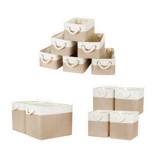 Temary Fabric Storage Baskets Small Storage Bins Decorative Baskets for Storage (White&Khaki, 6Pack-11.8Lx7.9Wx5.3H, 2Pack-16Lx12Wx12H, 4Pack-12Lx12Wx12H)