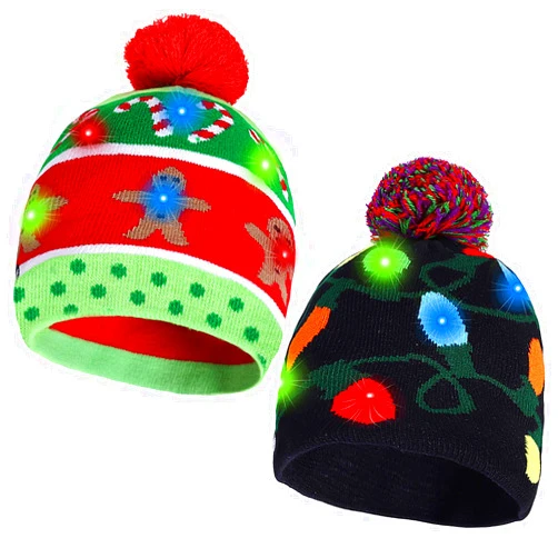 MGparty 2 Pack Christmas LED Light-up Knitted Beanie Hat Colorful Flashing Holiday Xmas Christmas Party Supplies(One Size Fits More)