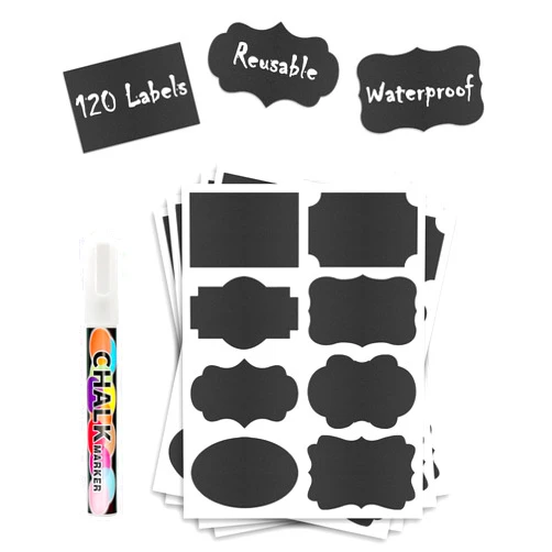 GOYOMI 120 Pcs Chalkboard Labels for Storage Bins, Removable Chalk Sticker for Jars Containers Storage Bins, Assorted Shapes - Canning Labels, Bottle Labels, Food Labels Includes Erasable Liquid Chalk Marker