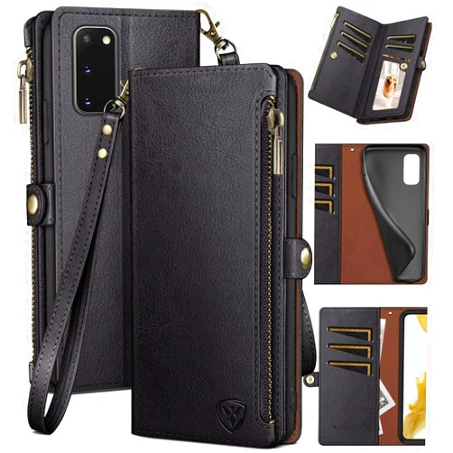 XcaseBar for Samsung Galaxy S20 Wallet case with Zipper Credit Card Holder【RFID Blocking】, Flip Folio Book PU Leather Phone case Shockproof Cover Women Men for Samsung S20 case Black