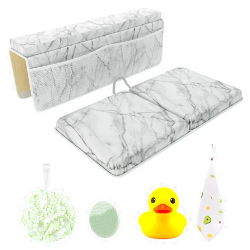 Sleepah Bath Kneeler and Elbow Kneeling Rest Pad Set for Baby Bathing – Waterproof Soft Memory Foam Mat Organizer Babies & Toddler Bathing Time Toys Sponge (Marble)