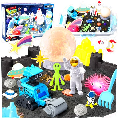 TUZT Play Sand Toys Space Sensory Bin Sandbox, 2lbs Magnetic Sensory Sand Kit, Moon Lamp & Astronaut & Robot & Space Playset, Sand Box Toys for Kids Boys Girls Toddlers 3 4 5 6 7 8 Birthday Gift