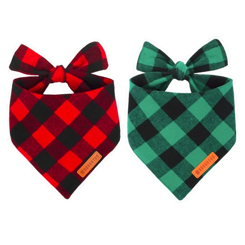 ADOGGYGO Christmas Dog Bandanas 2 Pack, Unique Shape, Premium Cotton Fabric, Multiple Sizes, Adjustable Fit Red Green Plaid Pet Christmas Bandanas for Small Dogs (Small, Style 1)