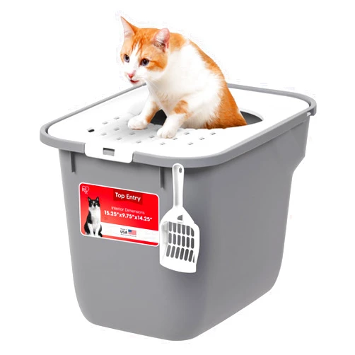 IRIS USA Cat Litter Box Large Top Entry with Lid, Enclosed Litter Box with Litter Catching Lid & Scoop, Covered Cat Litter Box Enclosure for Privacy, High Sided, Gray/White