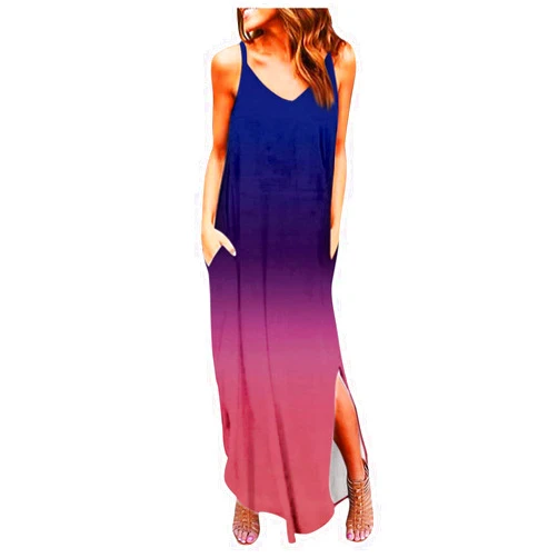 Shusuen Women's Sundress Long Dress Spaghetti Strap Cold Shoulder Sleeveless Split Maxi Dresses Beach Dress with Pockets