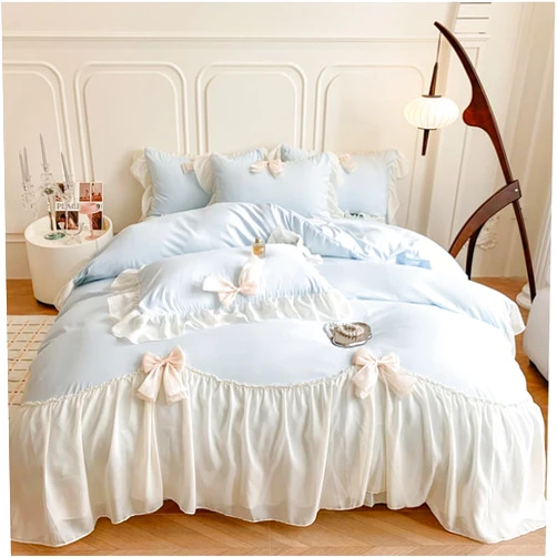 SOUKECHY Ruffled Bedding Bow Duvet Cover Set with Butterfly Tie, Princess Style 1 Duvet Cover with 2 Pillowcases,Zipper Closure, No Comforter-Blue,Queen Size