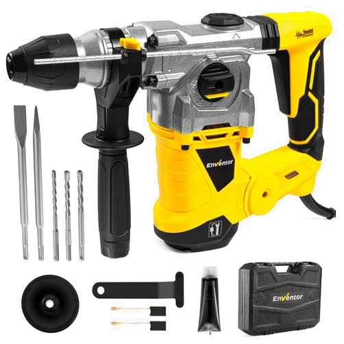 Enventor 1-1/4 Inch SDS-Plus 12.5A Heavy Duty Rotary Hammer Drill for Concrete Stone, Safety Clutch Electric Demolition Hammer Drill with 4 Functions, Vibration Control, Chisels, Drill Bits, Case