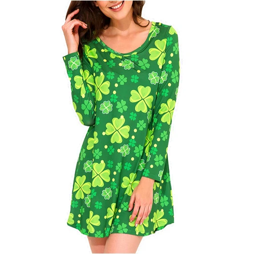 Aphratti Women's Long Sleeve St Patricks Cute Clover Print Casual Flare Swing Dress