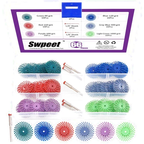 Swpeet 66Pcs 1 Inch 6 Mixed Grit 80/120/220/400/600/1000 Radial Bristle Disc Abrasive Brush Gap Polishing Pad Buffing Wheel Assortment Kit with 1/8