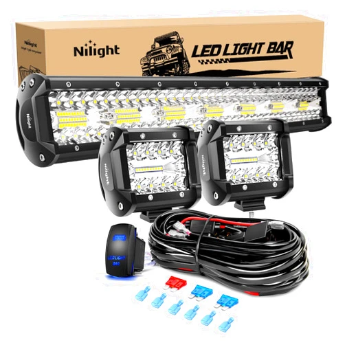 Nilight 20 Inch 420W Triple Row Spot Flood Combo 2 PCS 4 inch 60W Led Pods Flood Boat Lights Driving Fog Lights Work Light for Trucks with 16AWG Off Road Wiring Harness- 3 Leads, 2 Years Warranty