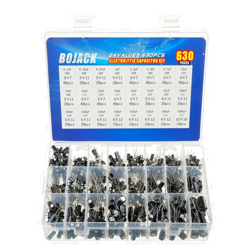 BOJACK 24Value 630pcs Aluminum Electrolytic Capacitor Assortment Box Kit Range 0.1uF－1000uF