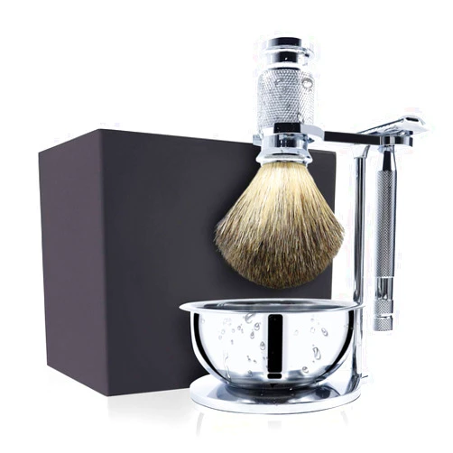 Jolitac Wet Shaving Kit For Men - Badger Hair Shaving Brush, Shaving Stand, Stainless Steel Shaving Bowl Mug, Double Edge Safety Razor, Men's Safety Razor Grooming Gift Set (Silver)