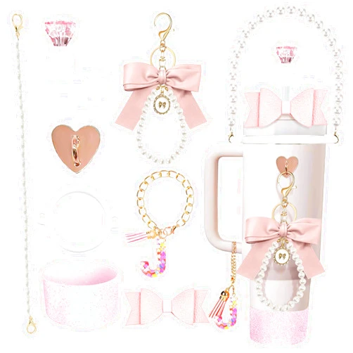 Ethlomoer 8Pcs Pink Stanley Cup Accessories Set for Stanley Cup 30&40 Oz Tumbler - Silicone Straw Cover Cap and Boot, Letter Charm for Handle, Bow Straw and Charm Decoration, Pearl Water Bottle Handle Strap(J)