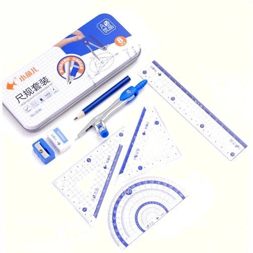 Waremew Math Geometry Kit Set 8 Pieces Student Supplies with Shatterproof Storage Box,Includes Ruler, Protractor, Compass, Pencil,Pencil Sharpener and Eraser,etc.for Drafting and Drawings