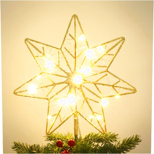 YEAHOME Christmas Tree Topper, Gold Glittered Hollow 7-Point Star Tree Topper, Lighted Wire Star with 20 LED Lights for Christmas Treetop, Xmas Tree Topper with Timer, Christmas Tree Decorations
