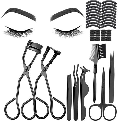 Mudder 48 Pcs Eyelash Curler Makeup Tools Set, Include Mini Eyelash Curler Kit, Eyebrow Extension Tweezers, Brush Comb and Scissors, Silicone Refill Pads, Black