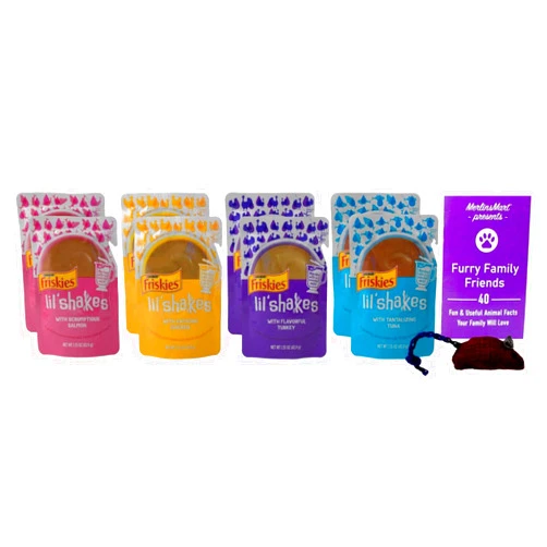 MerlinsMart Friskie's Lil' Shakes Saucy Cat Food Complement 4 Flavor 8 Pouch Variety - (2) Each: Scrumptious Salmon, Enticing Chicken, Turkey, Tuna (1.55 Ounces) Plus Catnip Toy and Fun Animal Facts Zine Bundle
