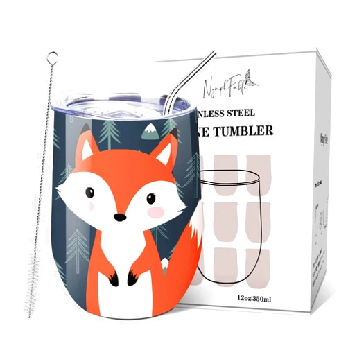 NymphFable 12oz Fox Wine Tumbler with Lid and Straw Insulated Stainless Steel Fox Cups