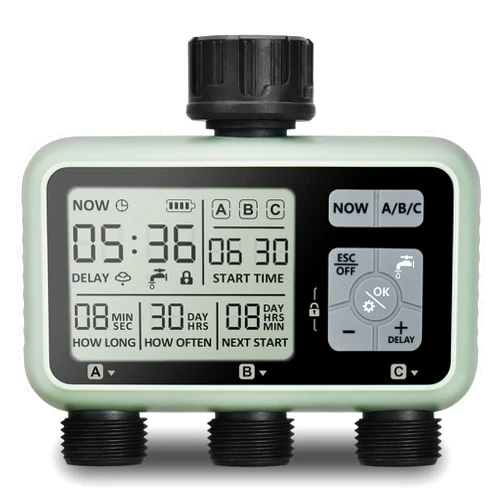 Johgee Watering Timer 3 Zone, Sprinkler Timer, Programmable Garden Outdoor Hose Faucet Timer with Rain Delay, Auto & Manual Watering System, Water Hose Timer Irrigation Timer 3 Outlet for Garden Lawn
