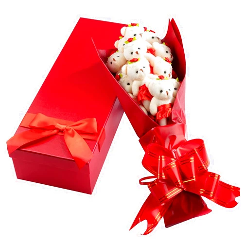 SCS Direct Deluxe Red Love Bear Bouquet - One Dozen Long Stemmed Roses w Plush Bears in Tutus - Gift Box w Bow - Forever Flower Bouquet of 12 Cute Teddys - Mothers Day Gift for Mom - College Graduation Bouquet