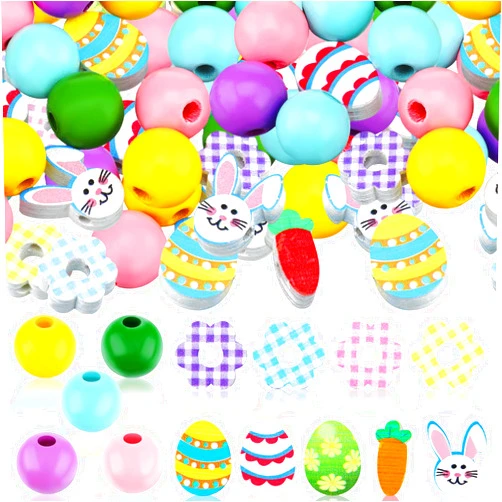 Waydress 200 Pieces Easter Wood Beads for Craft Colorful Round Craft Bead Rabbits Egg Wood Bead for Spring Garland DIY Easter Holiday Family DIY Crafts Supplies Party Decors, Multiple Style (Cute Style)