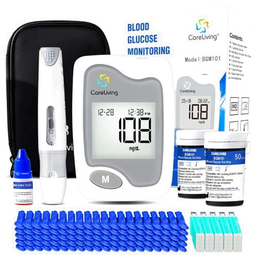 CARELIVING BGM101 Blood Glucose Monitor Kit, 100 Test Strips, 100 Lancets, 1 Blood Glucose Meter, 1 Lancing Device, Diabetes Testing Kit, Portable Blood Sugar Test Kit, Glucometer Kit for Home