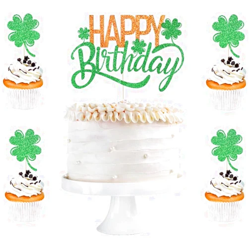 Qertesl St. Patrick's Day Happy Birthday Cake Topper,Green shamrock cupcake decoration, St. Patrick's Day Family Birthday Party Decorations Irish Party Supplies Decoration (green1)