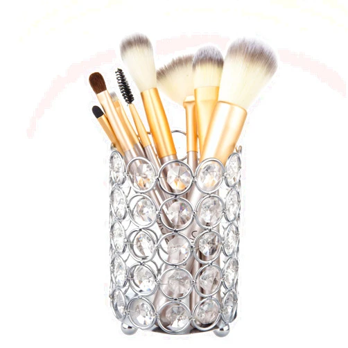 Feyarl Crystal Makeup Brush Holder Office Pen Pencil Holder Pot Candle Holder Votive Candle Lantern for Wedding Home Christmas Deco Gift (Silver)