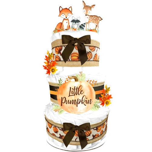 Sunshine Gift Baskets Autumn Fall Diaper Cake - Little Pumpkin - Woodland Creatures - Brown and Orange
