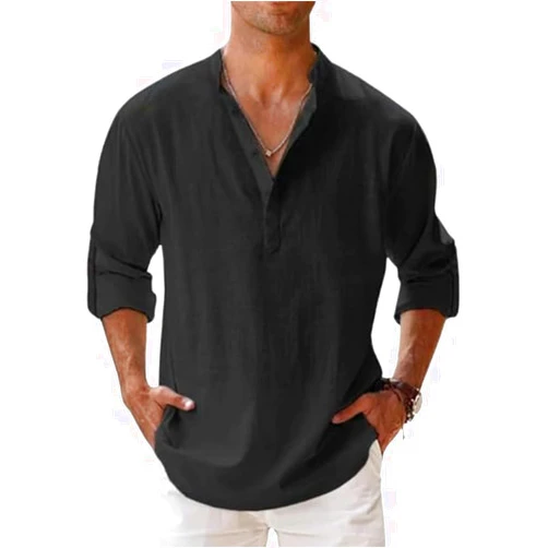 Scapodo Men's Casual Henley Shirt Summer Loose Solid Color Cotton Linen Blouse Long Sleeve Stand Collar Shirts Trendy Tops