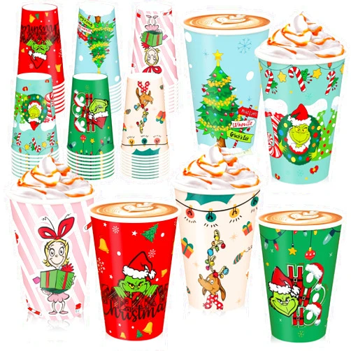 Hooutky Christmas Disposable Cup 12 oz 48Pcs, Paper Coffee Cups with 6 Xmas Designs Christmas Tree, Reindeer, Snowflakes, Etc. Perfect for Christmas Dinner Winter Party Hot and Cold Drinks Party Supplies