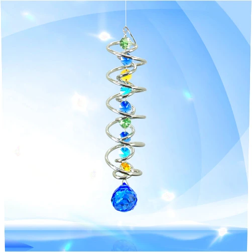 FONMY Gazing Ball Spiral Tail -Decorative Wind Spinner Sun Catcher Rainbow Maker Double-Spiral W/Sea Blue Crystal Ball and Chain Crystals for Indoor Outdoor Garden Decoration -14 inch Height