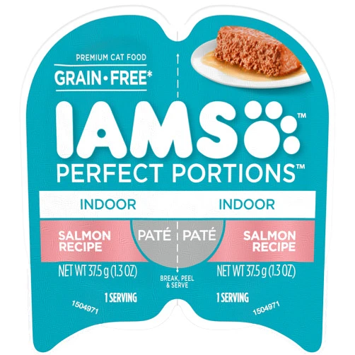 IAMS Perfect Portions Indoor Adult Grain Free Wet Cat Food Paté, Salmon Recipe, 2.6 oz. Easy Peel Twin-Pack Trays (24 Count, 48 Servings)