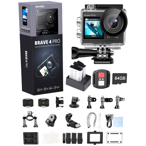 AKASO Action Camera Bundle with Brave 4 Pro 4K30fps Sports Camera, 64GB MicroSD U3 Card, Remote Control, Waterproof Case, 2x1350mAh Batteries, Charger and Other Accessories