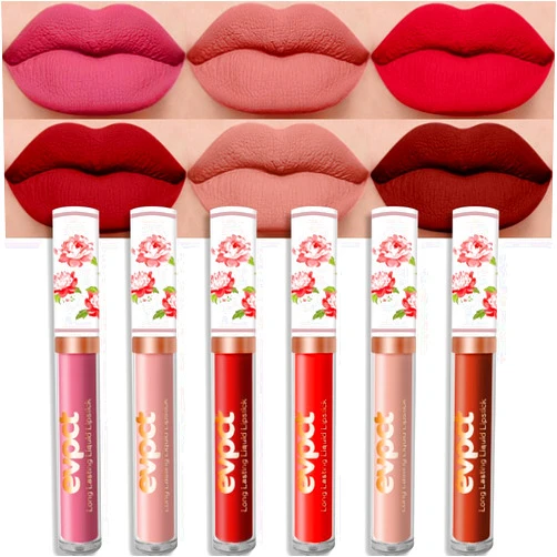 evpct 6Pcs Peony Flower Liquid Matte Lipstick Set Dark Ruby Light Brown Rose red Mauve Nude Pink beige Matte Lipsticks Lip Stain Set for Women Long Lasting Waterproof labiales matte larga duracion 24