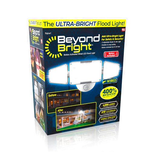 Ontel Beyond Bright Motion Activated Wired LED Flood Light - Ultra-Bright, Weather-Resistant Light with 3 Adjustable Heads - Maximum Security for Porch, Deck, Yard & More