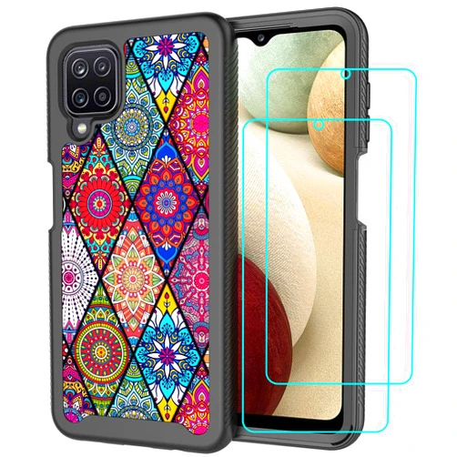 LEXNEC Cover Case for Samsung Galaxy A12 Case with Tempered Glass Screen Protector [2 Pack],Armor Protective Boys Men Girls Women Floral Flower Bumper Phone Case Cover (6.5