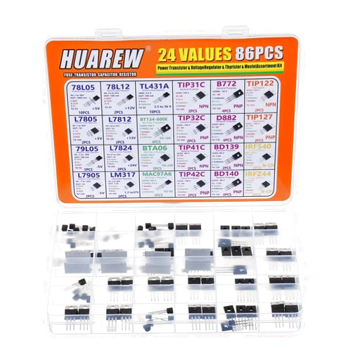 HUAREW 24 Values 86 Pcs Power Transistor TIP31C 32C 41C 42C B772 BD139 140 Voltage Regulator L7805 L7905 79L05 L7812 L7824 LM317 TL431 MAC976 BT134-600E BTA06 Mosfet IRF540 Z44N Darlingtons TIP122 127