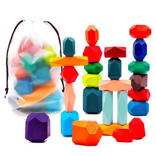 Timtaoth Wooden Balancing Stones Rocks 26PCS Sorting Stacking Blocks Lightweight Colorful Wooden Building Stones Educational Toys for Kids Shape Puzzle Games Preschool Learning
