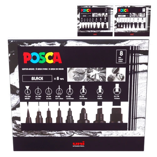 Posca Uni Posca 8-Tip Acrylic Paint Marker Set, Black, Non-Toxic, ACMI Certified, Allows You to Color on Any Surface, Ideal for Graffiti, Fine Art, DIY Projects, and More