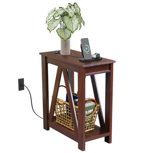 WLIVE Narrow End Table with Charging Station of Open Storage Shelf，Sofa Side Table with 2 USB Ports and 2 Power Outlets，Slim Farmhouse End Table for Small Spaces，Bedroom, Living Room, Espresso