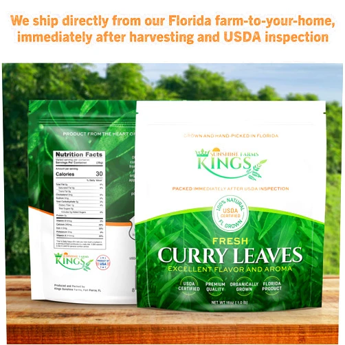 Generic FRESH Curry Leaves - 1 lb - $2.49 per oz package - Onsite USDA Inspected, Grown In Florida - Highly Aromatic And Flavorful - Kings Sunshine Farms