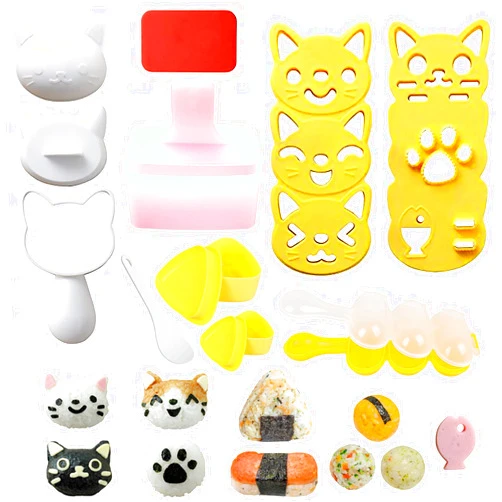 BANBALLON Cute Cat Rice Ball Molds 6 Sets Sushi Molds Bento Box Accessories Kits with 1PC Musubi Maker Press Mold, 2PCS Gimbap Molds Triangle and 1PC Rice Ball Mold Shaker for DIY Fun Lunch Box Picnic Tool