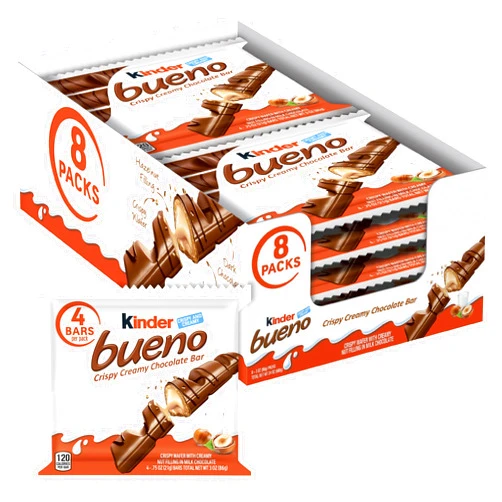 Kinder Bueno, Bulk 8 Pack, Milk Chocolate And Hazelnut Cream, Holiday Gift And Stocking Stuffer, 4 Bars Per Pack, Individually Wrapped Chocolate Bars, 3 Oz Each