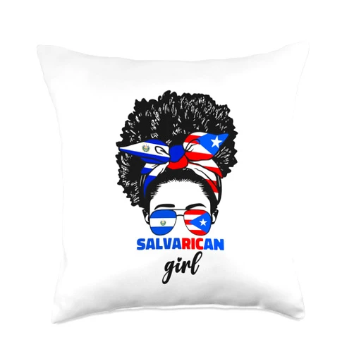 Salvadorian And Puerto Rican Girl Designs Co. Half Salvadorian and Puerto Rican Rico El Salvador Flag Gril Throw Pillow, 18x18, Multicolor