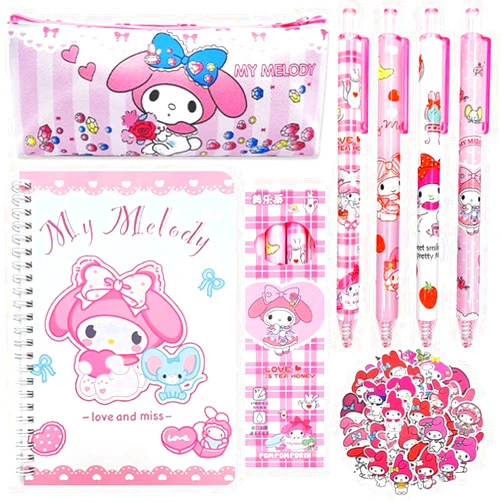 MEKZU Melody Stuff School Supplies - Pencil Case, Gel Pens, Journal Notebook, 50 Stickers, Kawaii Stationery Set, Back to School Gift for Kids Girls Teens