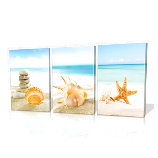 Xbolu Bathroom Decor Wall Art 3 PCS Blue Ocean Theme Seashells Starfish Coastal Painting Beach Wall Art Pictures Prints Posters Modern Framed Ready for Kids Room Bathroom Bedroom Decor to Hang